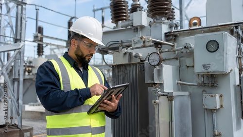 Power Engineer Monitoring High Voltage Transformer Equipment
