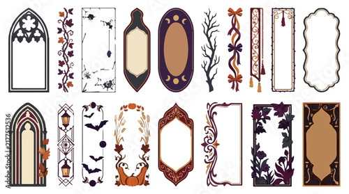 Vintage Halloween ornaments set, spooky frames, gothic arch windows, vintage autumn borders, vintage decorative borders and architectural elements