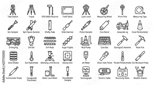 Geotechnical engineering and soil testing equipment vector icons collection with drilling tools total station gnss receiver prism pole