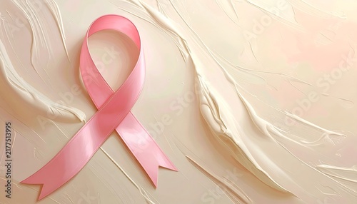 Breast Cancer Awareness Ribbon on Light Cream Background, Health Awareness, Support, Hope and Cancer Prevention Concept