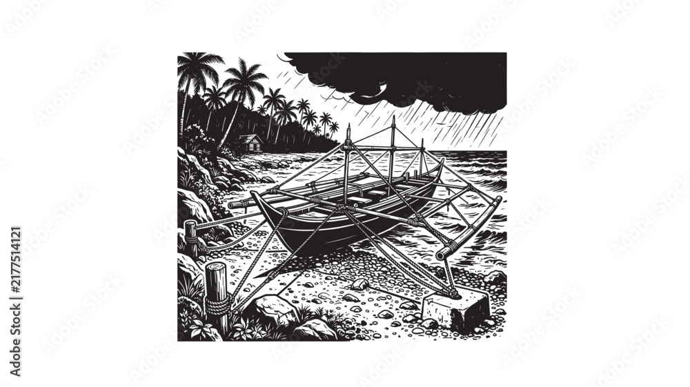 Obraz premium Outrigger boat secured on tropical beach during a heavy storm and incoming typhoon.