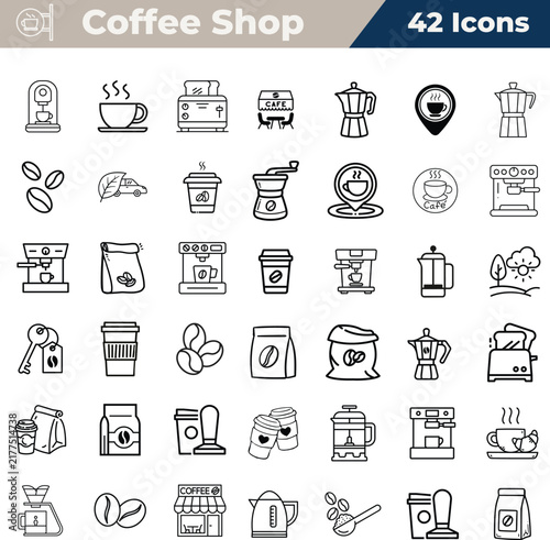 Modern coffee pictogram vector set, espresso cafe barista icon collection, coffee web icon set, linear coffee shop line icons, menu, beans, cup, machine, house, cappuccino, drink, editable stroke art