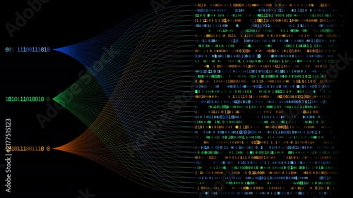 Abstract digital data transfer visualization featuring flowing network lines and binary code. Seamless loop with transparent alpha channel background for cybersecurity, AI, big data and tech themes