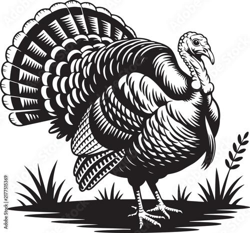 Black silhouette of a turkey standing amidst foliage against a white background