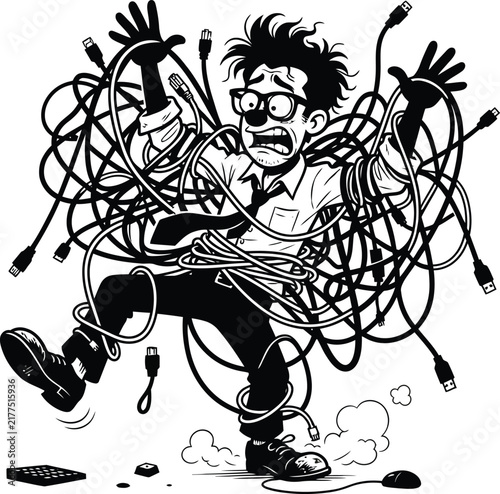 Tangled Cable Man Stress Funny Cartoon Character
