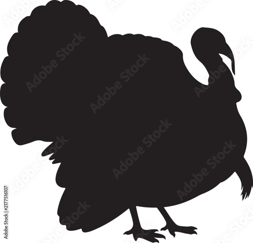 Black silhouette of a turkey with fanned tail feathers on a white background