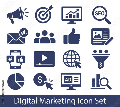 Digital marketing set of web icons in Silhouette style. Marketing icons for web and mobile app. Communication, advertising, ecommerce, seo, content, product, target audience, website, 