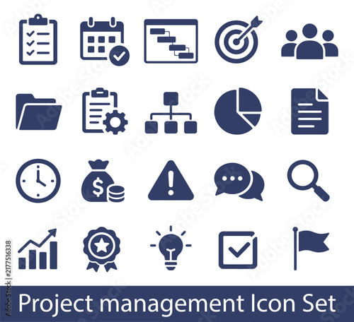 Project management set of web icons in silhouette style. Business or organisation management icons for web and mobile app. Time management, planning, project, startup, marketing. 