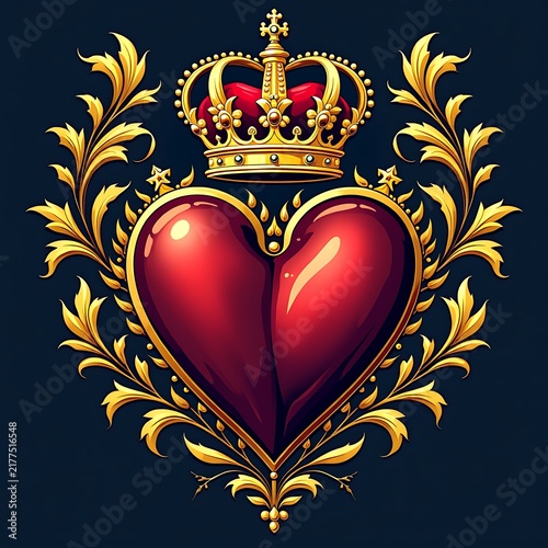 An elegant heraldic emblem featuring a glossy red heart beneath a gold crown, framed by Baroque ornamentation.