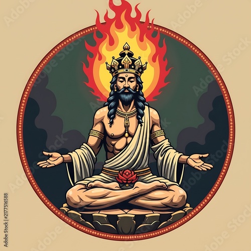 A stylized depiction of a mythological deity in the lotus position against a backdrop of blazing fire. Suitable for use in spiritual practices, yoga studios, and esoteric projects.