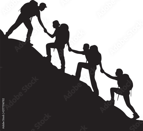 Silhouette of climbers assisting each other on a steep mountainside