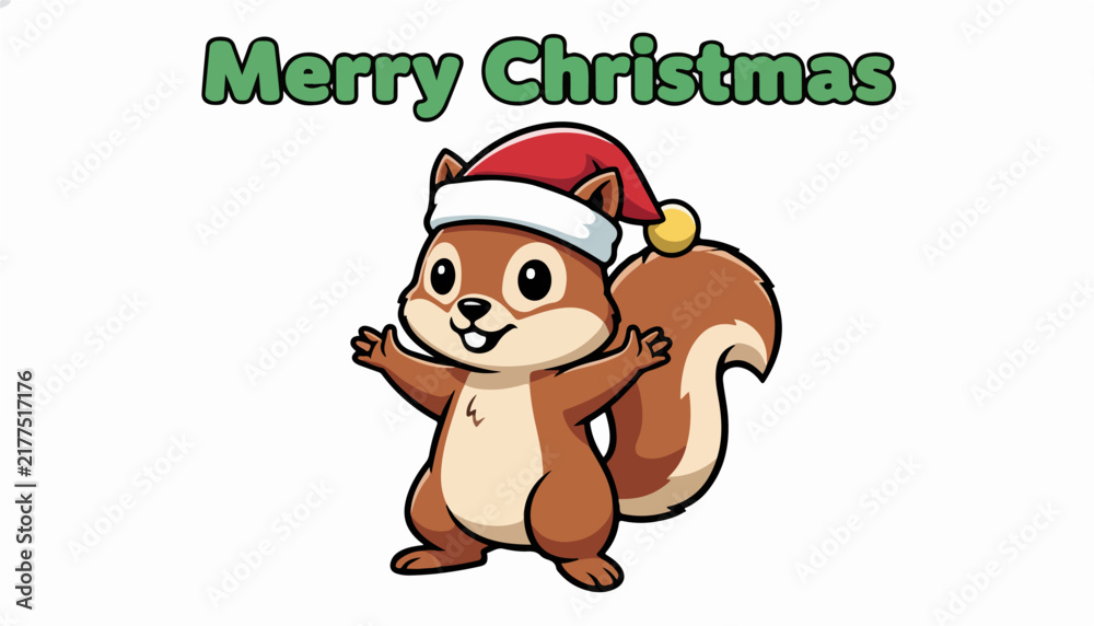 Fototapeta premium Cute cartoon squirrel wearing a Santa hat for Merry Christmas celebration.