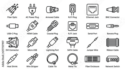 Computer network and cable connector icons with fiber optic ac power plug armored cable rj11 plug ethernet jack bnc connector usb-c hdmi coaxial.