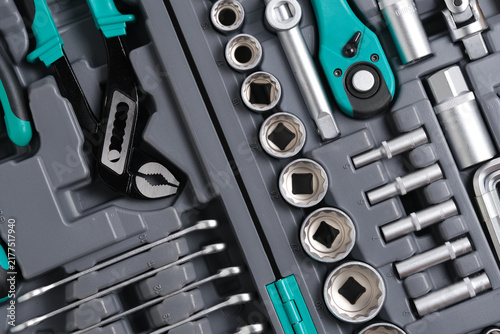 Quadro su tela Angled macro view socket heads, water pump pliers, and ratchets arranged in organizer
