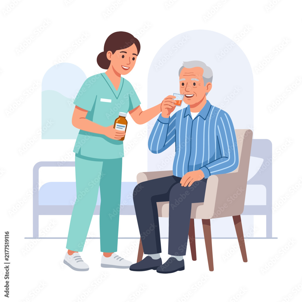 Fototapeta premium Caring Nurse Administering Medicine to Elderly Man in Cozy Room - Vector Illustration