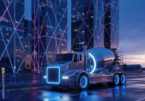 A sleek futuristic cement mixer truck drives down a modern city street with glass skyscrapers and neon lighting during the blue hour, modern, transport, autonomous