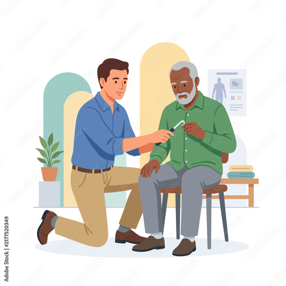 Obraz premium Doctor examines elderly patient's knee with reflex hammer in clinic, illustrating healthcare and medical care concepts.