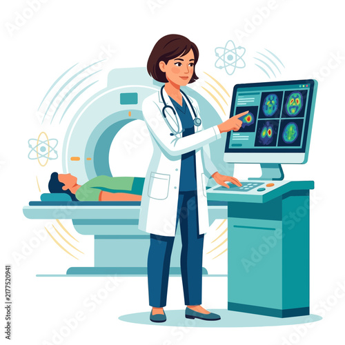 Doctor Analyzing MRI Scan Images of Brains on Computer Screen Beside Patient and CT Scanner