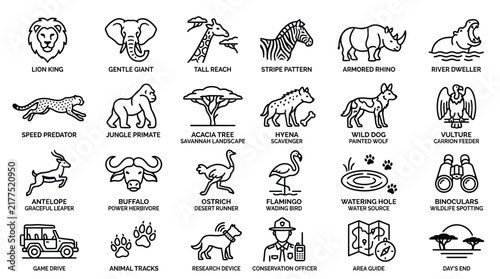 Wildlife animal icons set featuring safari creatures and nature elements in minimalist black outline style for educational infographics or travel design.