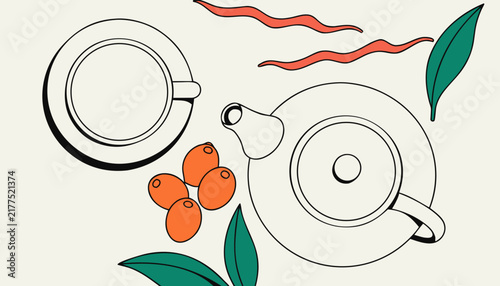 Minimalist line art illustration of a teapot, cup, and sea buckthorn berries on a clean background.