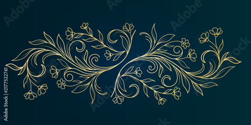 Luxury Golden Line Art Floral Ornament Vignette on Dark Background.