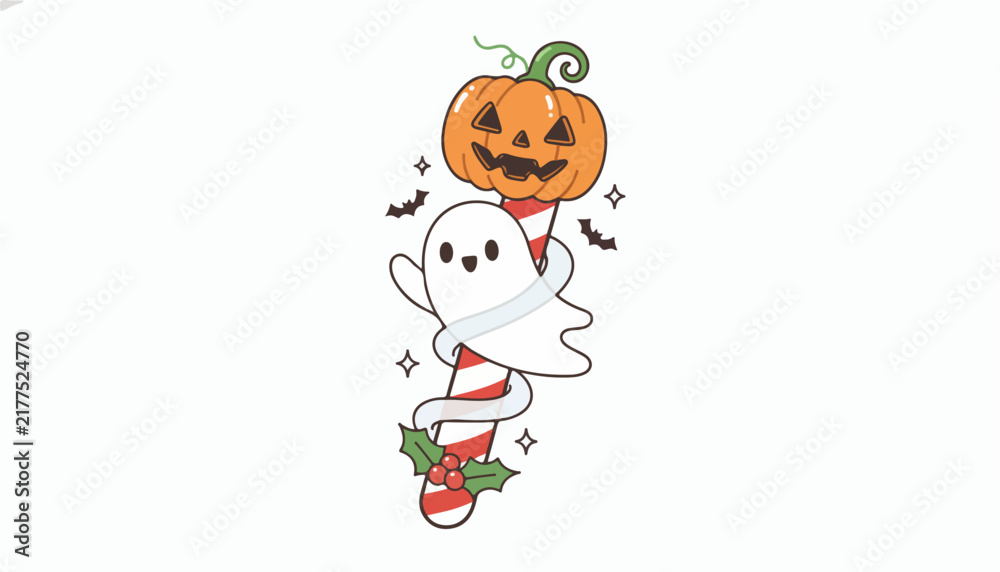 Naklejka premium Cute cartoon ghost holding a jack o lantern pumpkin on a candy cane.