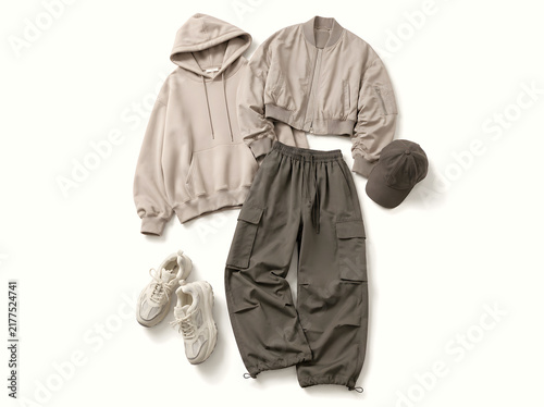 Trendy Women's Streetwear Outfit Isolated on White Background