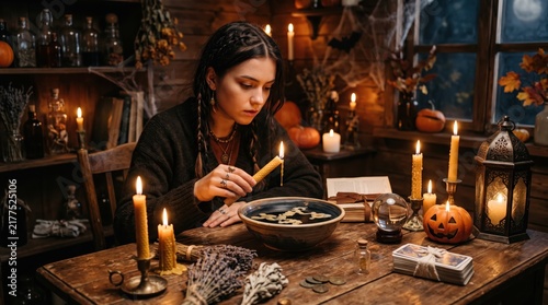 Young woman performing candle divination ritual at Halloween