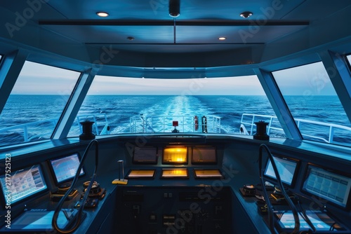 Point of View Bridge Control Room Looking Out Over Ocean Water Trail at Dusk