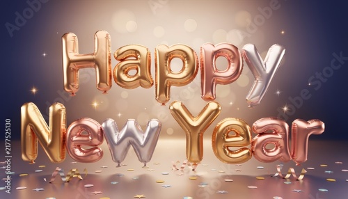 Metallic foil balloons spelling happy new year on bokeh background