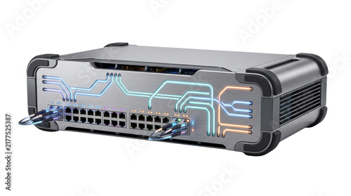 Obraz na płótnie Industrial network switch with glowing circuit patterns, rugged silver data server hardware, high-tech ethernet router for cloud computing