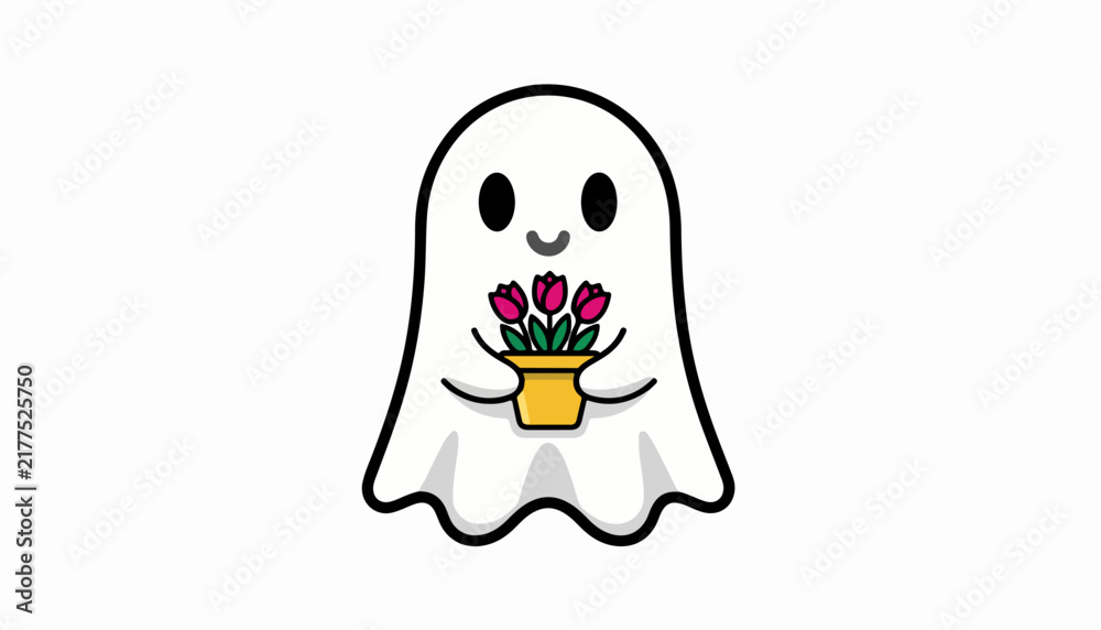Obraz premium Cute ghost holding a small pot of red tulips.