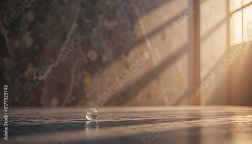 Small glass sphere on a wooden floor with soft sunlight streaming through a window.