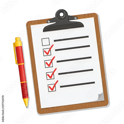 Checked clipboard with red pencil and checkmarks