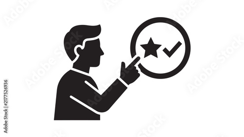 Man pointing at circle icon with star and checkmark symbol vector illustration