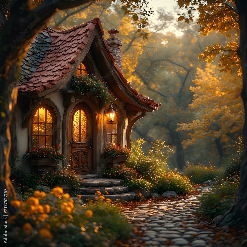 Fototapeta premium A whimsical fairy tale cottage, surrounded by a lush autumn garden and a meandering stone path leading to the entrance.