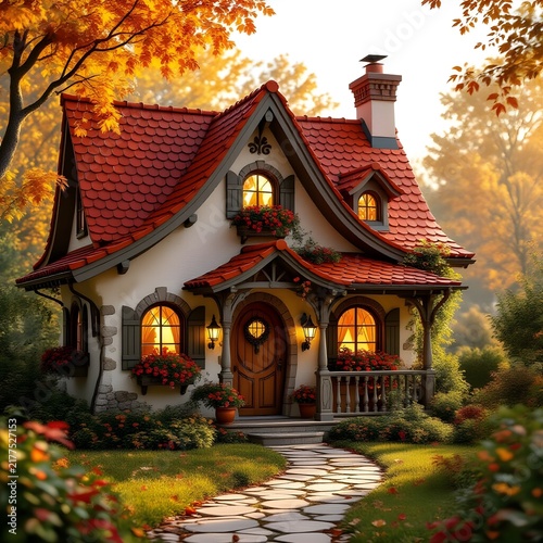 A whimsical fairy tale cottage, surrounded by a lush autumn garden and a meandering stone path leading to the entrance.