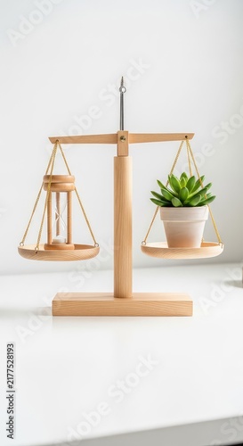 A minimalist wooden scale perfectly balanced on a bright workspace, holding a classic wooden hourglass and a fresh green succulent plant, focus, workspace, stationary