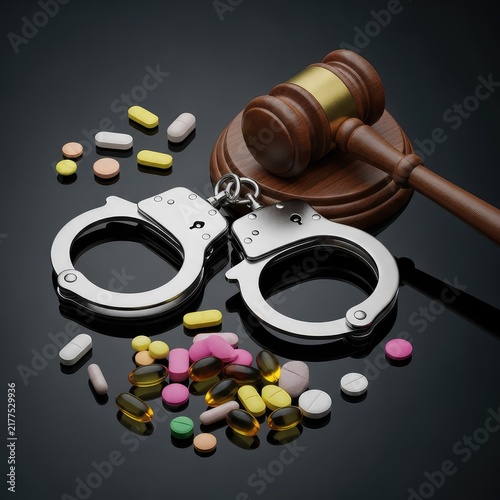 Handcuffs lie beside a gavel and scattered pills on a dark surface, representing the severe legal repercussions of illicit substance abuse, control, court, punishment