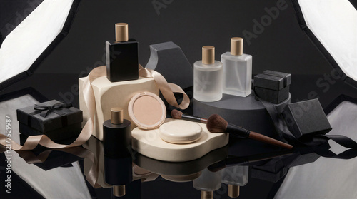 Black Friday Beauty Sale Luxury Cosmetic Product Mockup Set Featuring Fragrance Bottles Makeup Powder Compact Brush And Gift Boxes On Minimalist Pedestals With Soft Ribbon Decor Professional Studio