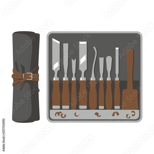 Foto Wood carving tool set in case, chisels and gouges for woodworking craft projects