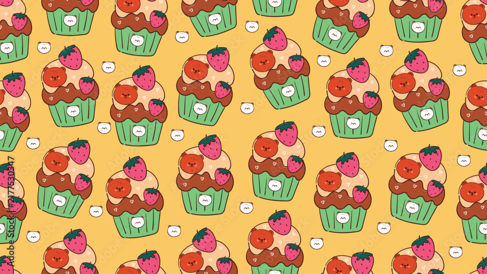 Obraz premium Desktop pattern with cute hand drawn cartoon cupcake with topping strawberry and chocolate bear