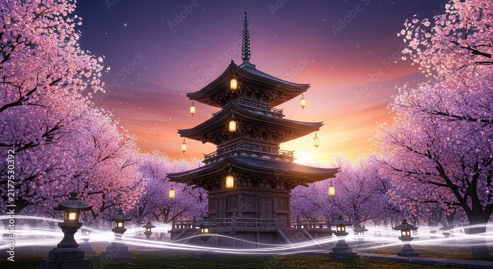 Obraz premium An ancient pagoda stands amidst glowing cherry blossoms under a mystical purple and orange sky while mist swirls around stone lanterns, orange, twilight, fog