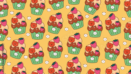 Desktop pattern with cute hand drawn cartoon cupcake with topping strawberry and chocolate bear
