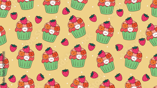 Desktop pattern with cute hand drawn cartoon cupcake with strawberry and chocolate bear