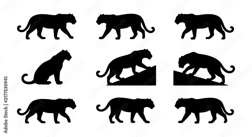 Obraz premium Black Panther Silhouettes, Wild Cat Vector Icons, Big Cat Poses, Feline Wildlife Graphics, Elegant Animal Art, Predator Collection