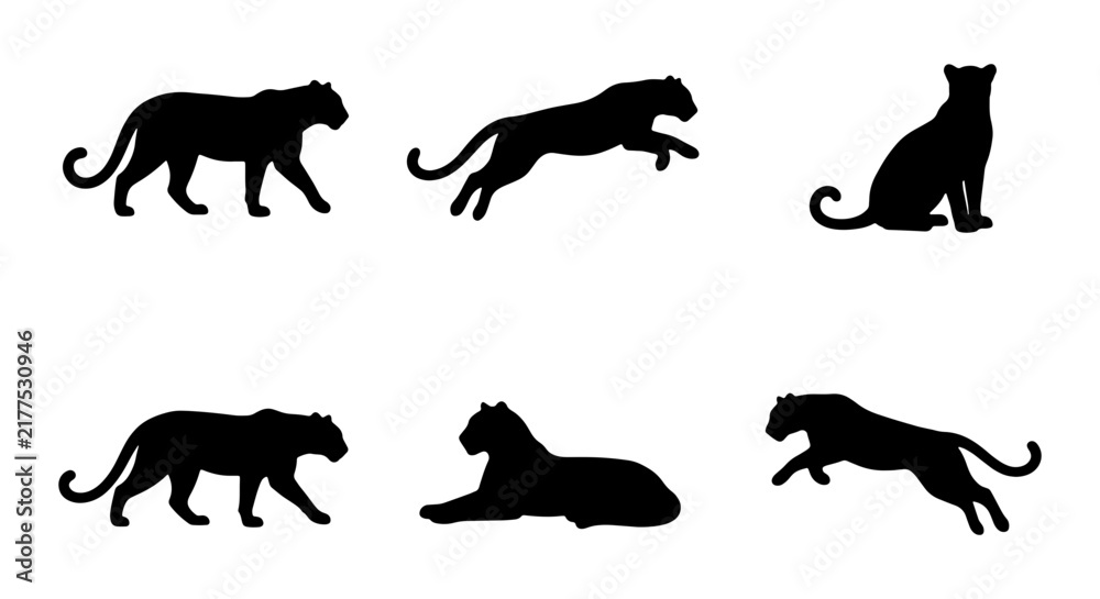 Fototapeta premium Black Panther Silhouettes, Big Cat Vector Icons, Wild Animal Poses, Elegant Feline Graphics, Predator Collection