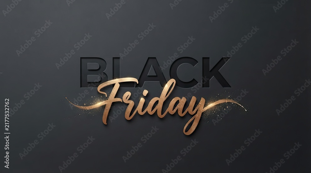 Obraz premium Elegant black friday sale announcement with golden brush strokes and glittering sparkles on dark textured background luxurious typography for seasonal promotions with letters against sophisticated