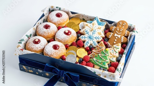 Christmas gift box with festive cookies and holiday donuts