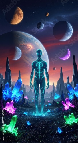 A bioluminescent extraterrestrial entity stands amidst a glowing crystalline landscape on a distant planet under a sky with multiple moons, futuristic, terrain, orbit